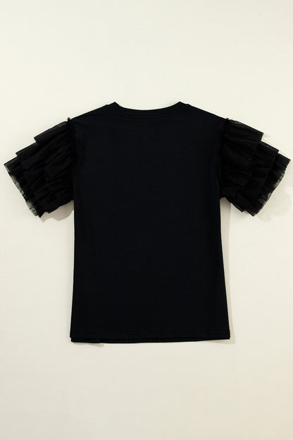 Tulle Ruffle Sleeve Blouse | Black