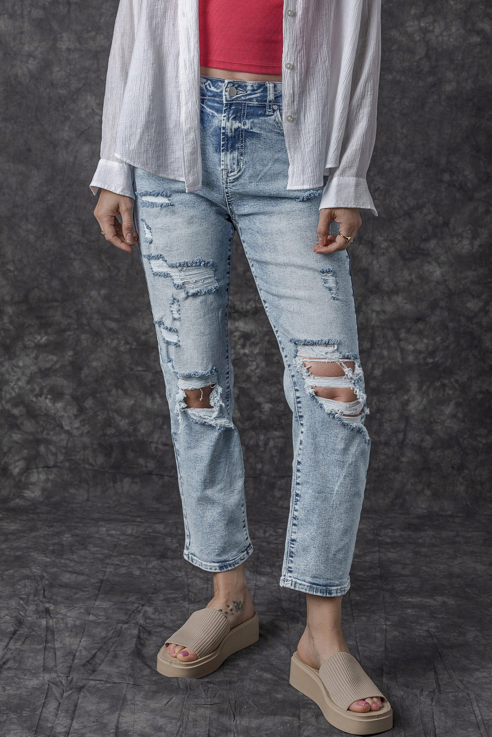 Light Wash Frayed Slim Fit High Waist Jeans | Sky Blue