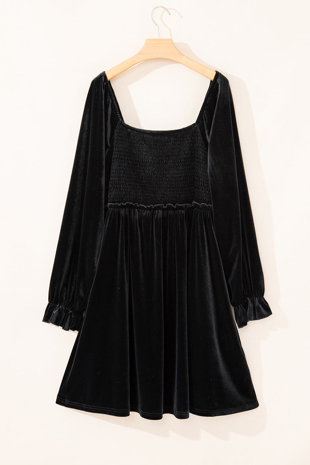 Velvet Flounce Sleeve Shirred Bodice Plus Babydoll Dress | Black