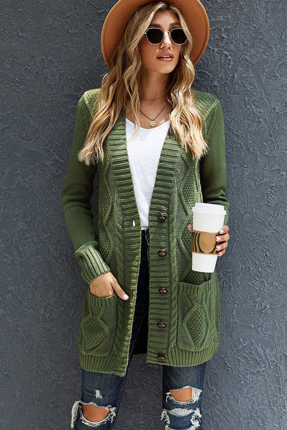 Front Pocket And Buttons Closure Cardigan | Green