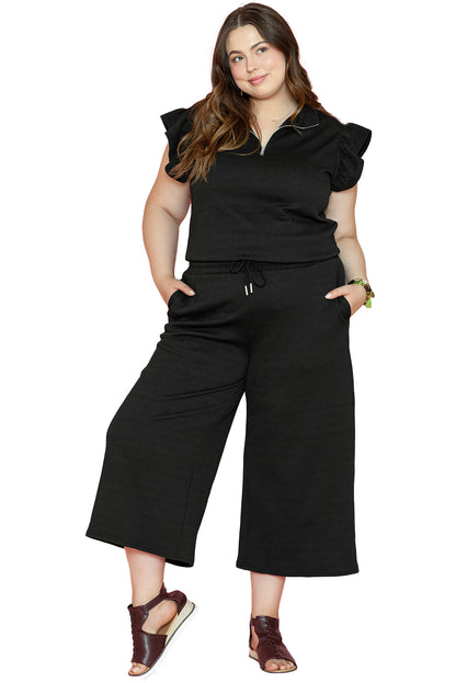 Plus Ruffled Sleeve Quarter Zip Top Wide Leg Pants Set | Black