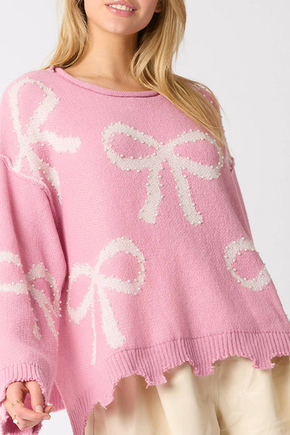 Pearl Beaded Bowknot Pattern Distressed Split Hem Sweater | Pink