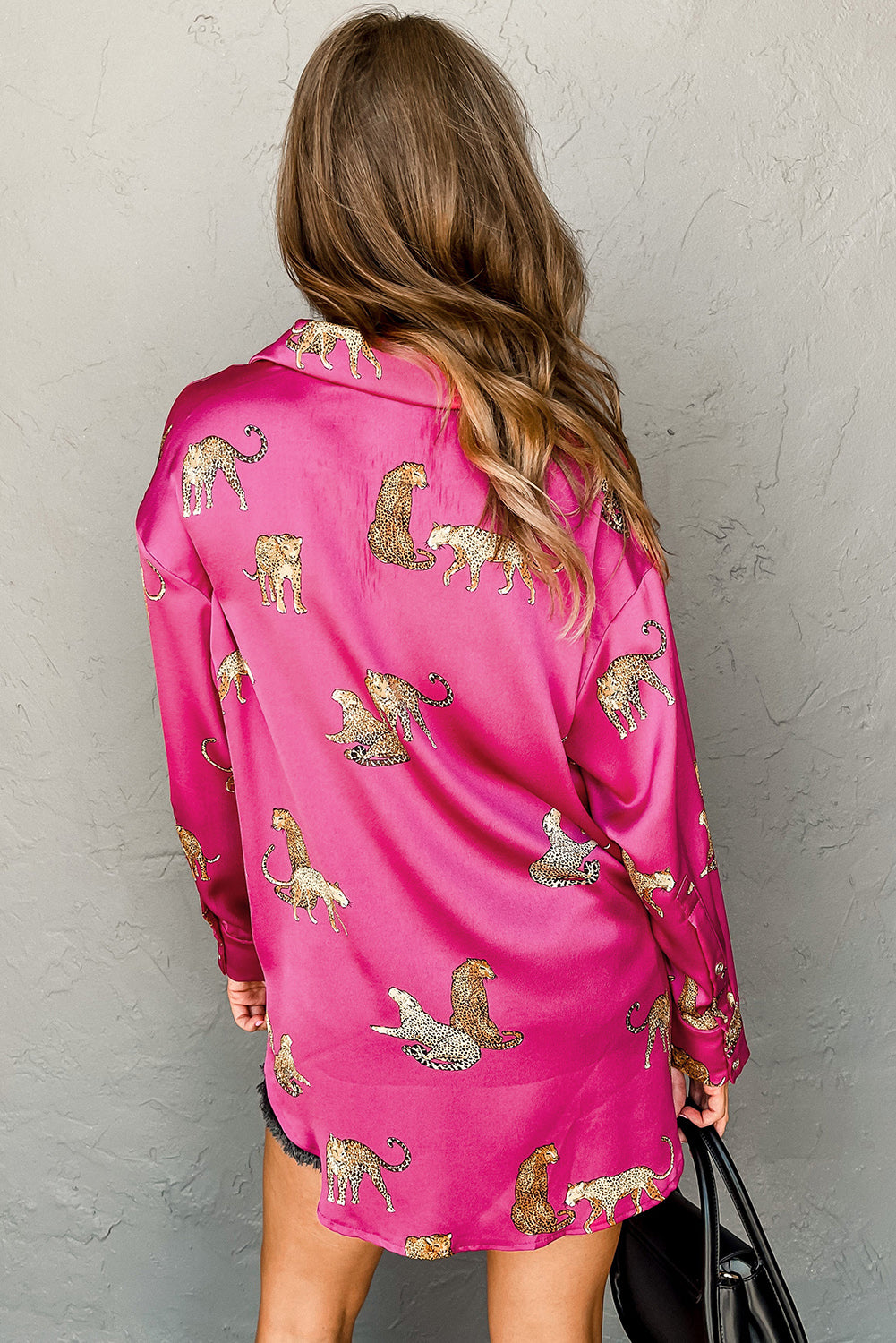 Rose Cheetah Animal Print Button Up Satin Shirt | Rose Red