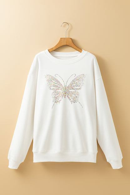 Rhinestone Butterfly Graphic Crewneck Oversized Sweatshirt | White