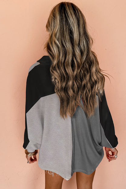 Colourblock Ribbed Collared Oversized Sweatshirt | Gray