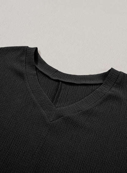 Crinkled V Neck Wide Sleeve T-Shirt | Black