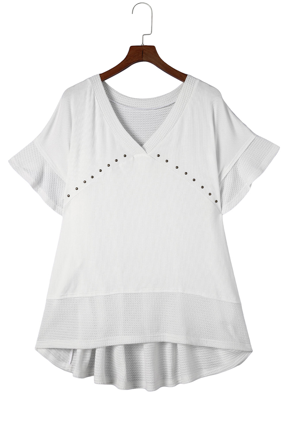 Contrast Knit Splicing V Neck Studded Blouse | White