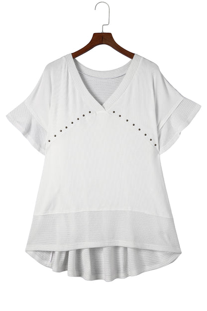 Contrast Knit Splicing V Neck Studded Blouse | White