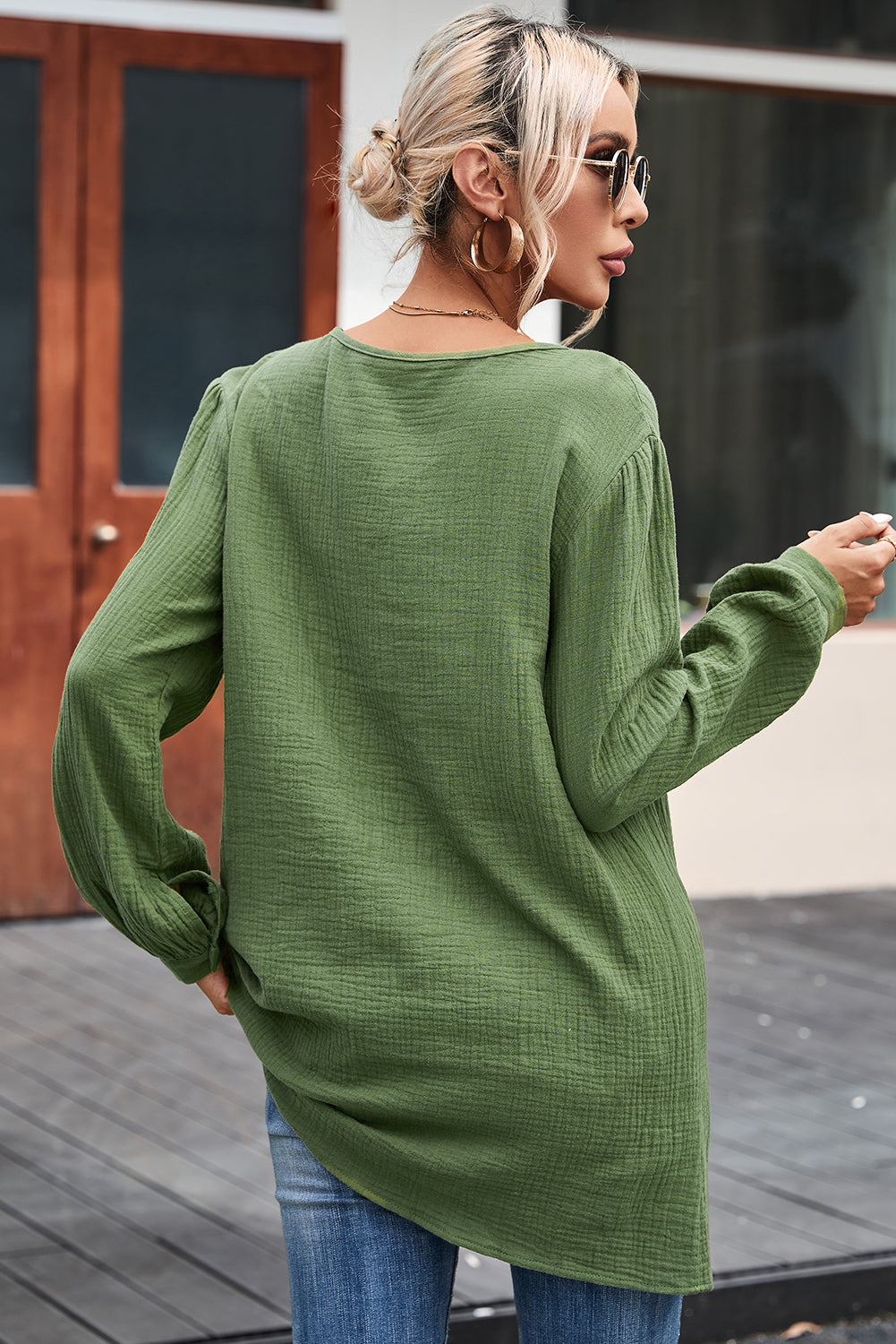 Casual Pleated V Neck Textured Loose Top | Green