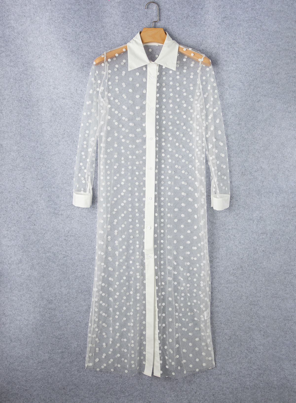 Polka Dot Print Collared Buttoned Mesh Duster Kimono | White