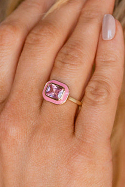 Square Gem Insert Alloy Ring | Pink