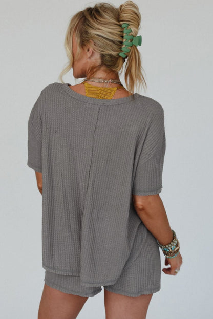 Solid Colour Waffle Knit T Shirt And Shorts Set | Gray