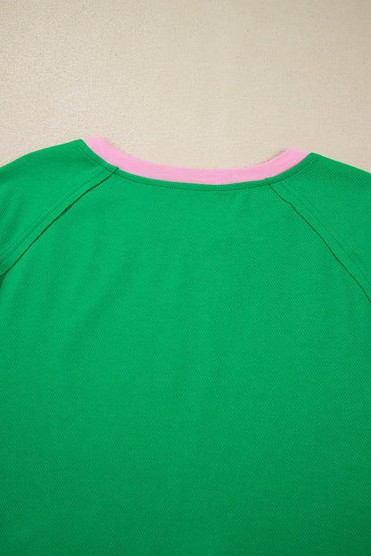 Two Tone Contrast Textured Crewneck Tee And Shorts Set | Bright Green