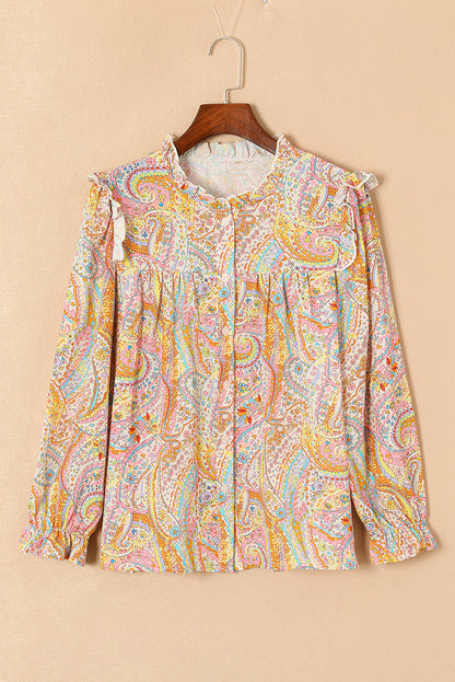 Paisley Print Ruffled Trim Boho Shirt | Yellow