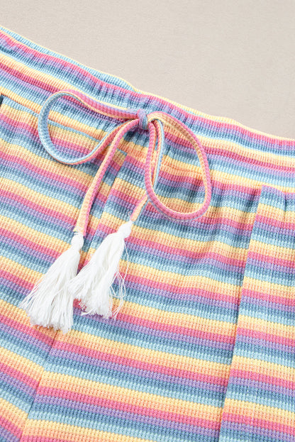 Rainbow Tee Tasseled String Wide Leg Pants Set | Pink Stripe