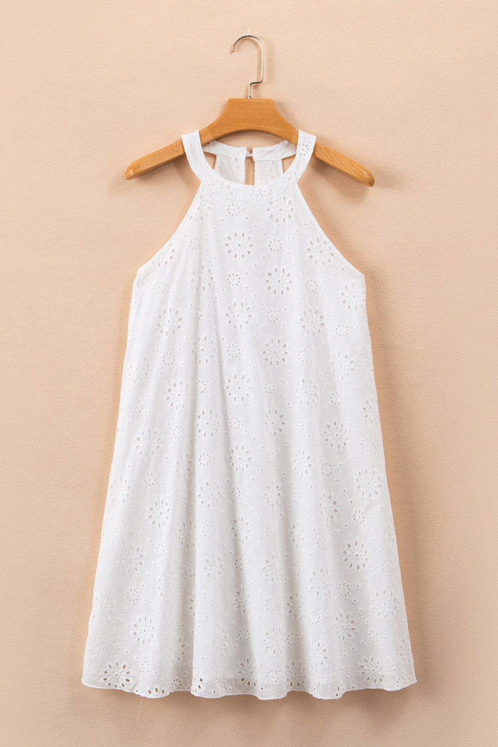 Boho Eyelet Pattern Halter Neck Sleeveless Dress | White