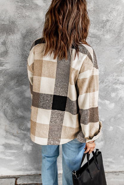 Plaid Colour Block Buttoned Long Sleeve Jacket With Pocket | Khaki