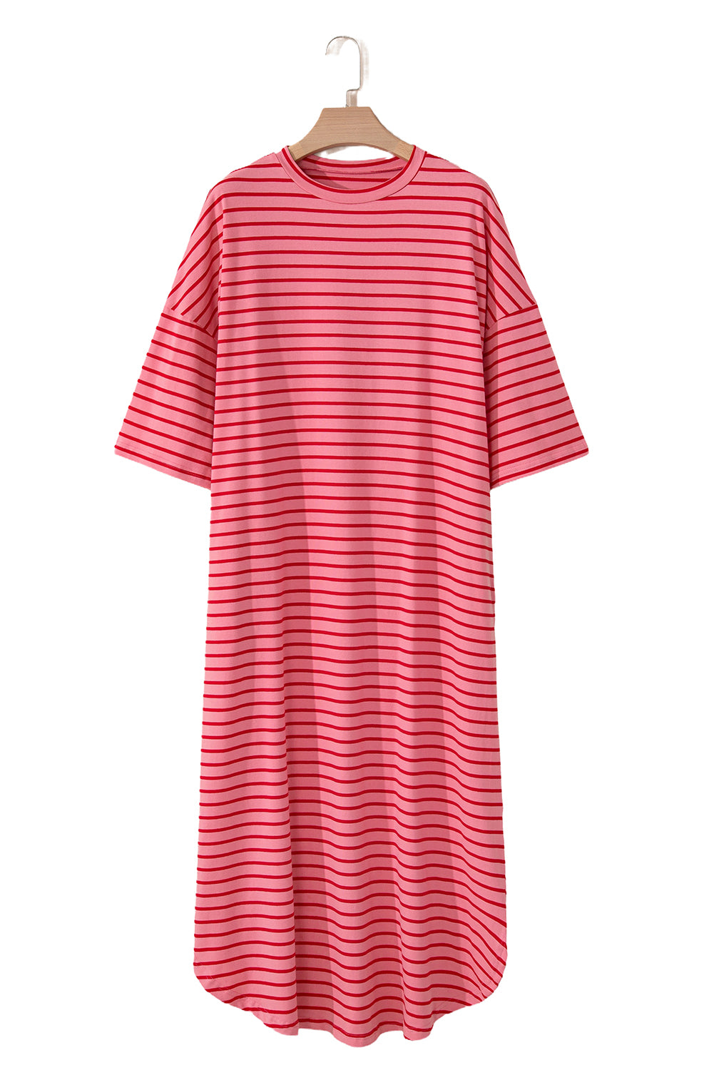 Striped 3/4 Sleeve Round Hem Shift T Shirt Dress | Strawberry Pink