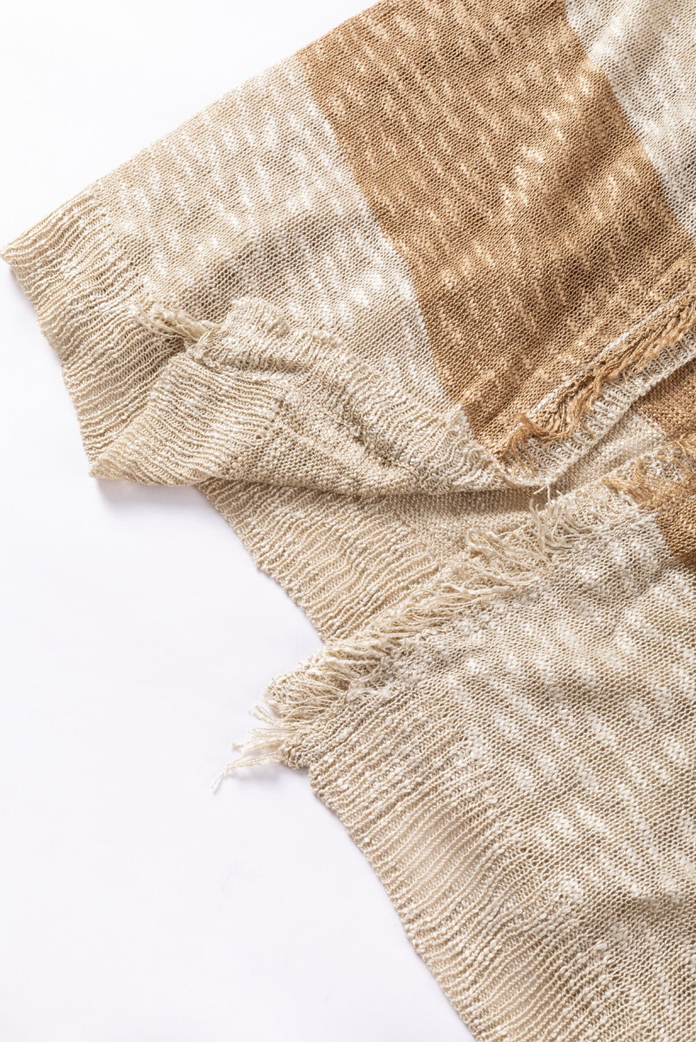 Lantern Sleeve Fringed Open Cardigan | Khaki Stripe