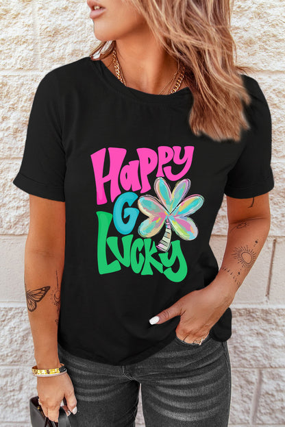 Happy Go Lucky Clover Print Crew Neck T Shirt | Black