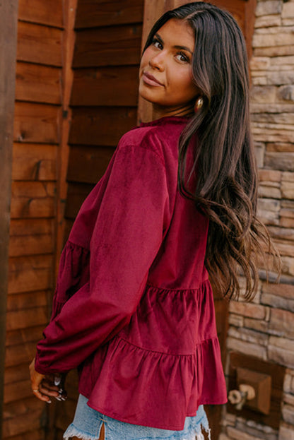 Corduroy Ruffle Tiered Buttoned O Neck Shirt | Burgundy