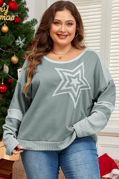 Stars Patchwork Round Neck Plus Size T Shirt | Mist Green