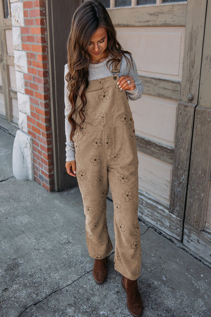 Flower Print Corduroy Overalls | Khaki