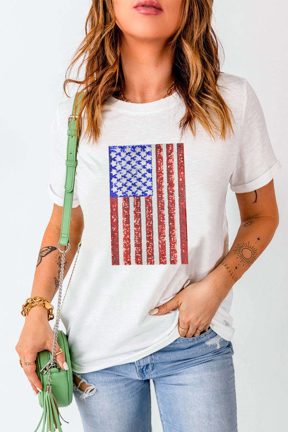 Shimmery Flag Graphic Tee | White