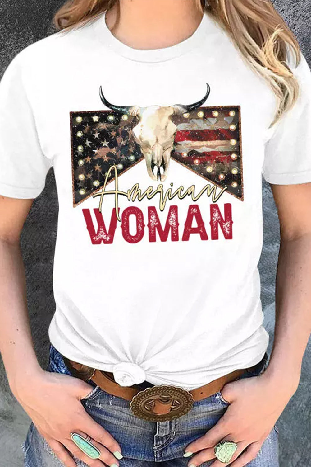 American Woman Bull Skull Graphic T Shirt | White