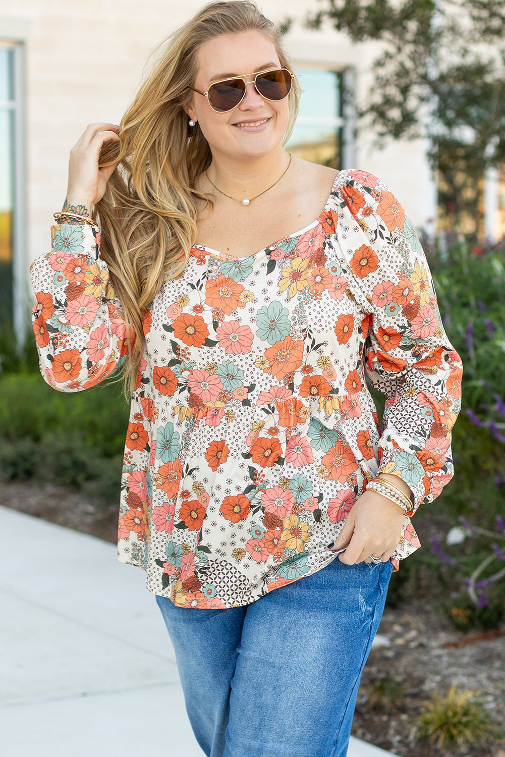 Plus Size Flower Print Square Neck Peplum Blouse | Khaki