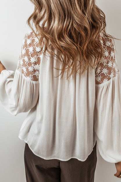 Floral Lace Patchwork Puff Sleeve Tied V Neck Blouse | White