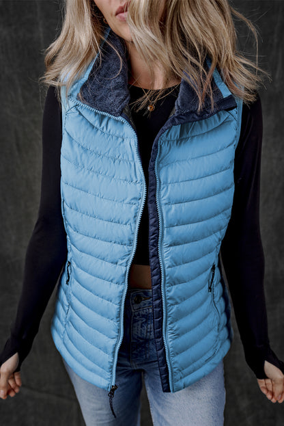 Plush Collared Quilted Zipped Puffer Vest | Sky Blue