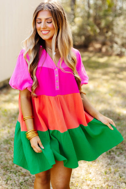 Colour Block Tiered Puff Sleeve Dress | Multicolour