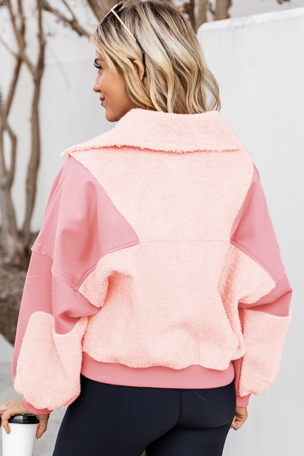 Exposed Seam Fuzzy Patchwork Zip Neck Sweatshirt | Pink