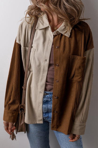 Brown Color Block Chest Pockets Buttoned Corduroy Shacket