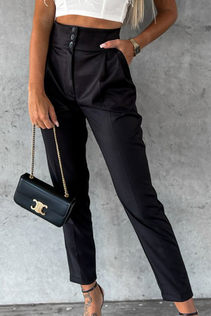 Button High Waist Tapered Pants | Black