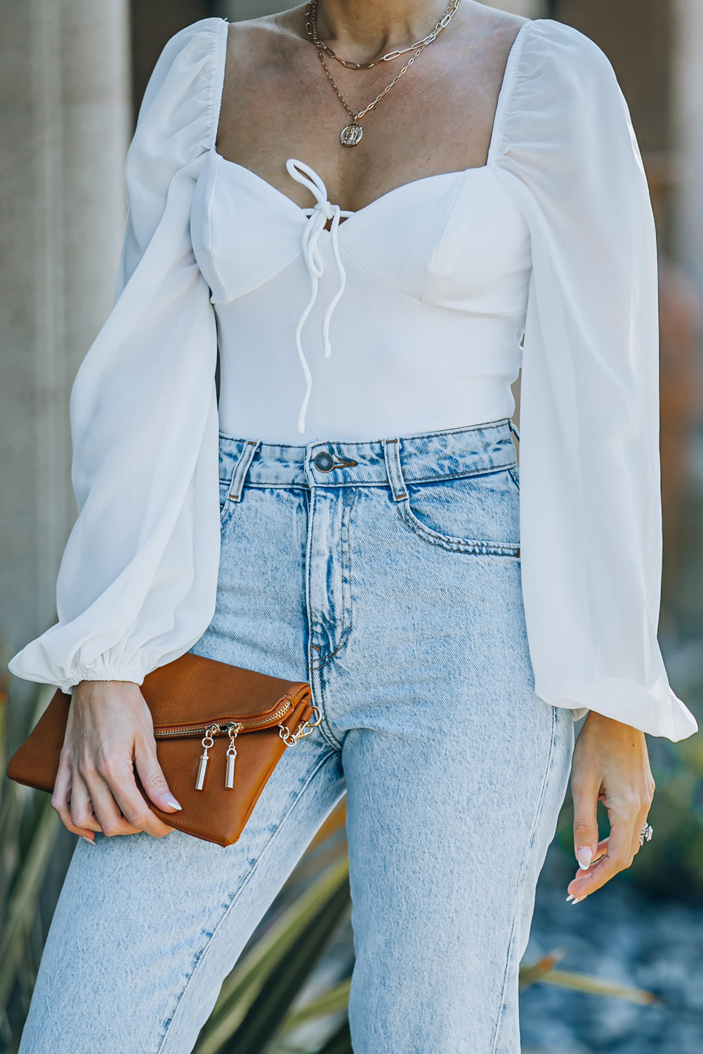 Criss Cross Backless Puff Sleeve Bodysuit | White