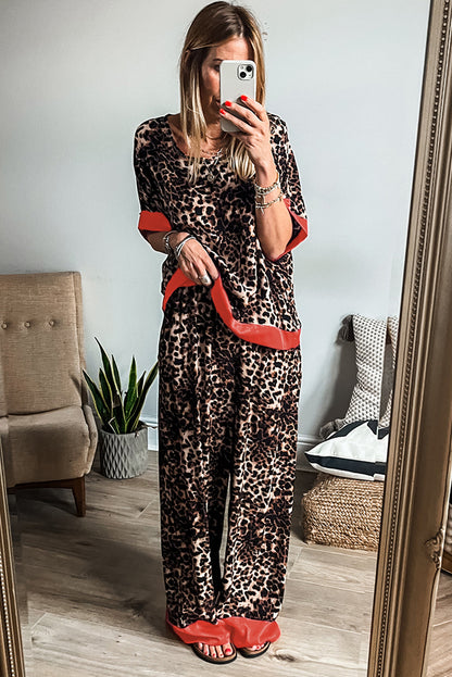 Animal Print Colour Contrast Edge Loose Fit Pants Set | Brown