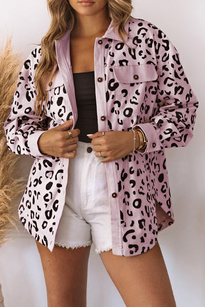 Collared Neckline Flap Pockets Leopard Corduroy Jacket | Pink