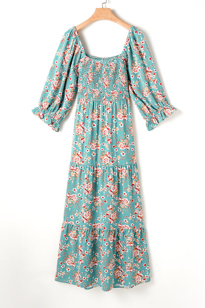 Plus Size Floral Print Square Neck Smocked Maxi Dress | Green