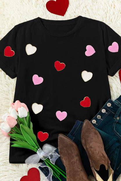 Valentines Chenille Heart Patched Pattern Crewneck Tee | Black