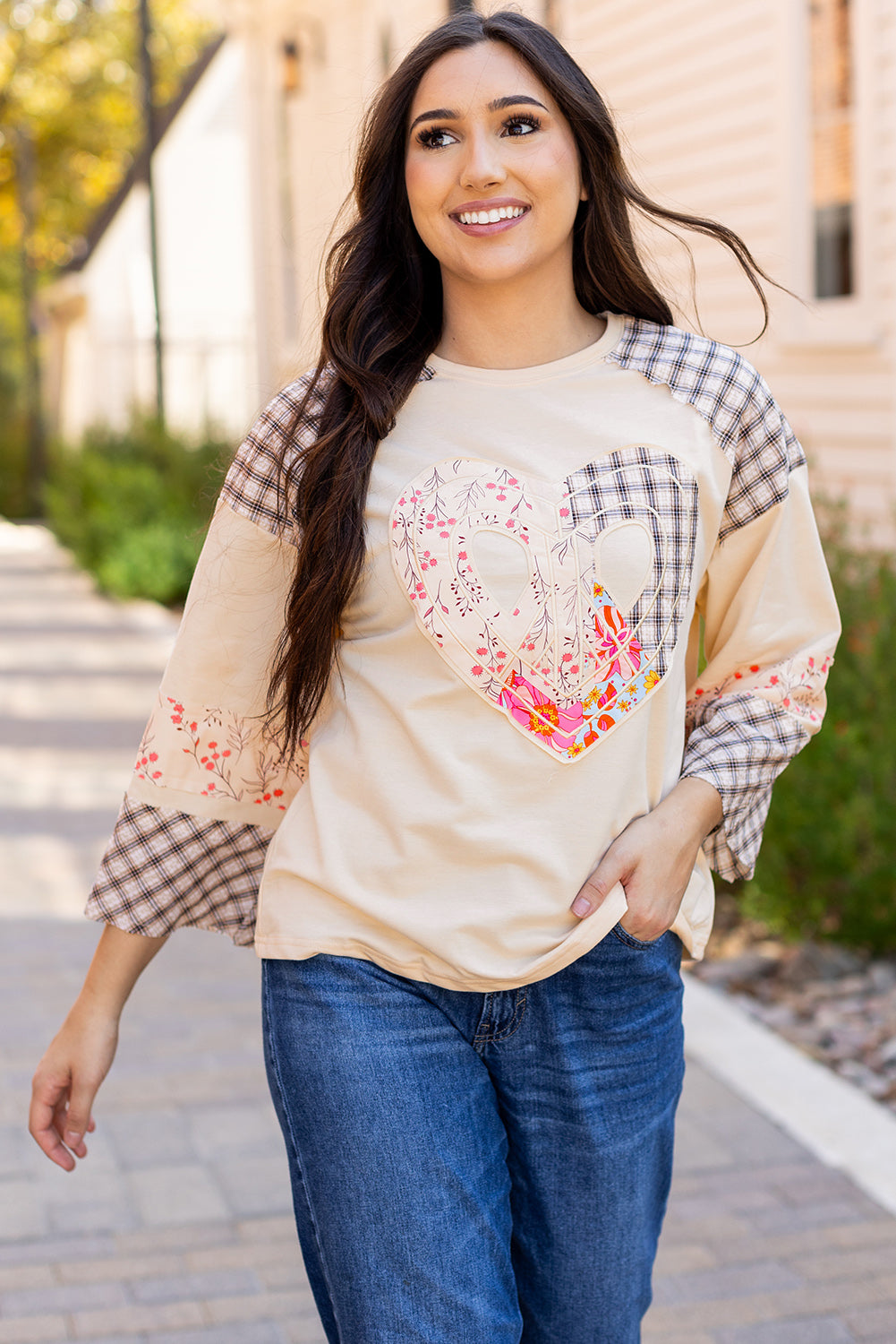 Plaid Floral Peace Heart Graphic Wide Long Sleeve Top | Beige