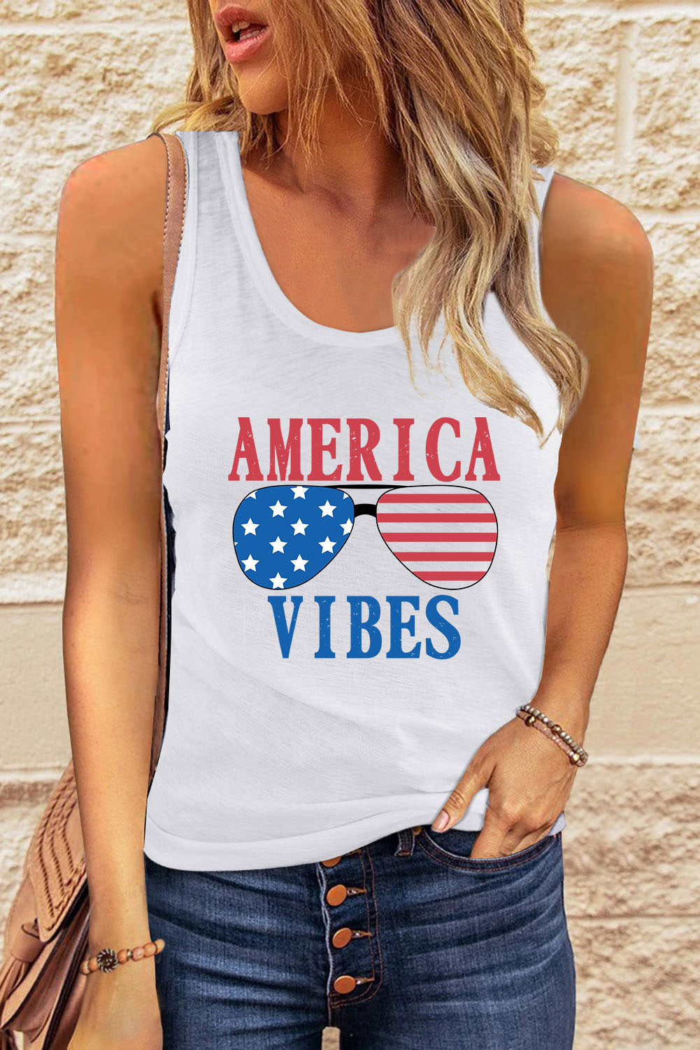 America Vibes Sunglasses Graphic Print Racerback Tank Top | White