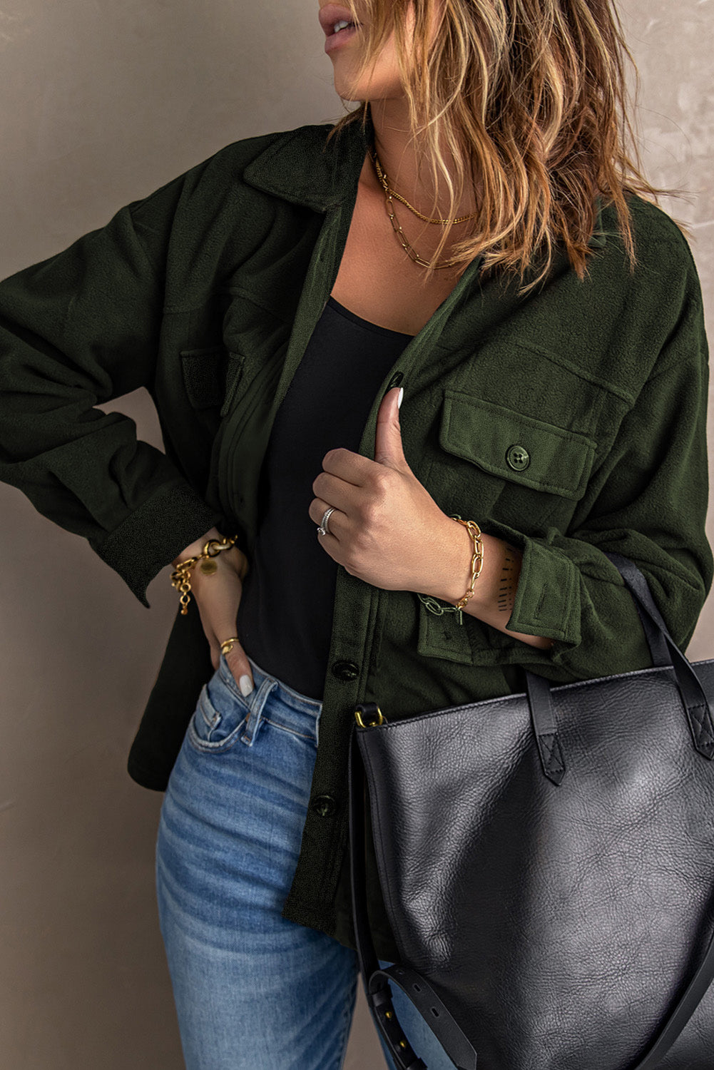 Turn Down Collar Buttoned Shirt Jacket | Green