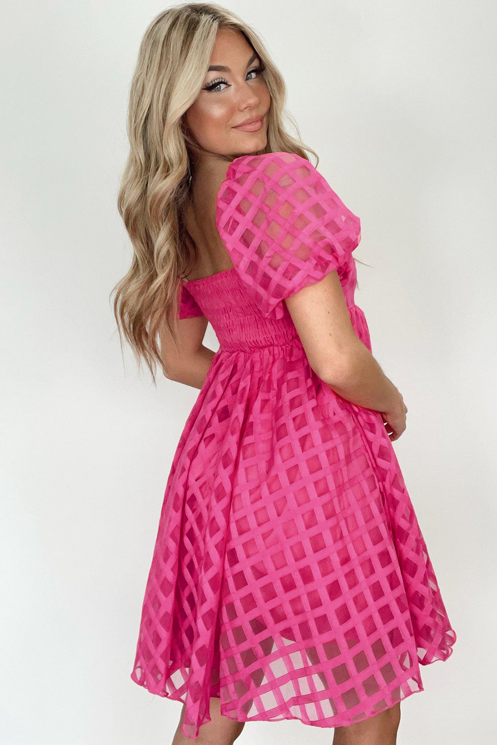 Checkered Puff Sleeve Babydoll Dress | Strawberry Pink