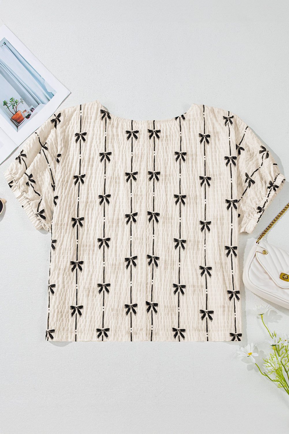 Bow Print Puff Short Sleeve Top | Beige