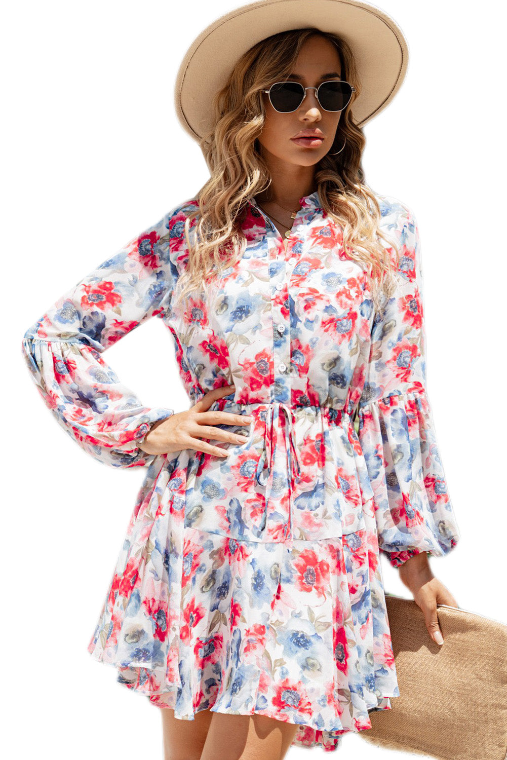 Vintage Floral Print Drawstring Flowy Dress | Sky Blue