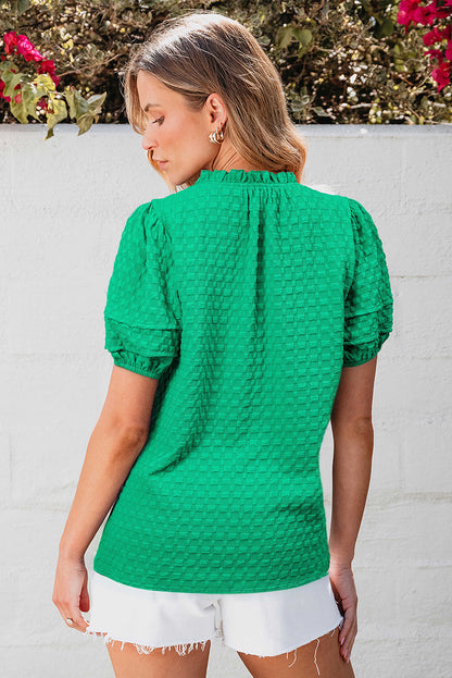 Textured Puff Short Sleeve Notched V Neck Top | Bright Green