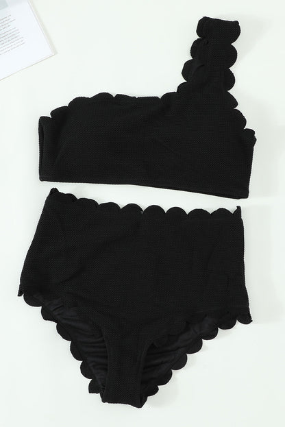 Solid Scalloped One-Shoulder Bikini | Black