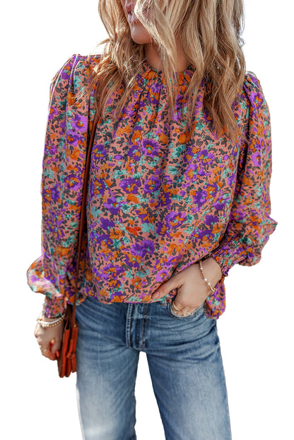 Floral Allover Print Shirred Cuff Frilled O Neck Blouse | Purple